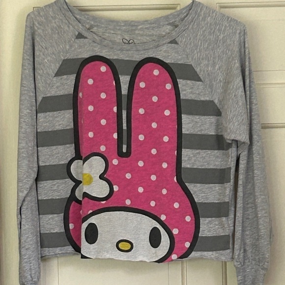 Hello Kitty Sanrio Roll Hem Long Sleeve Top Gray Stripe Pink Size Medium - Picture 4 of 10